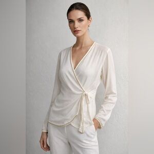 La Perla White Wrap Blouse 100% Viscose Gold Trim Made in Italy, Size Medium